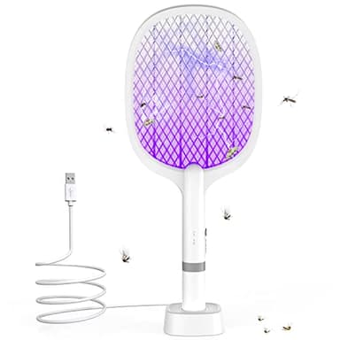 Raquette Electrique Insectes 5000V, TEINNGO Raquette-Anti Moustique, USB C Rechargeable Raquett e Anti Mouche avec Base Stable, Protection de Maille 3 Couches, Efficace Contre Les Mouches Insectes