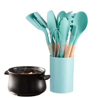 Ensemble D'ustensiles De Cuisine En Silicone - Eńsemble Đ'uštensiles Dè Cùisine | Ensembles D́'usŧensiles, Manche Eń Bois Avec 12 Eńsembles D̄'ustënsiles D́e Cuîsine Ên Sìlicone | Organisateur Dë Cuiș
