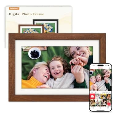 Frameo Cadre Photo Numérique WiFi 10.1 Pouces Noyer Bois Mémoire 32 Go, Écran Tactile HD IPS 1280 x 800, Auto-Rotation, Partage de Photos Vidéos Via Frameo APP/USB/SD, Cadeau Femme Homme