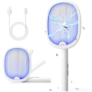 YISSVIC Raquette Electrique Insectes, Raquette Anti Moustiques Pliable 4000V 1800mAh Tapette Électrique Puissante Rechargeable avec Câble Chargement USB-C Lutte Contre Moustiques Mouches Mites (Blanc)