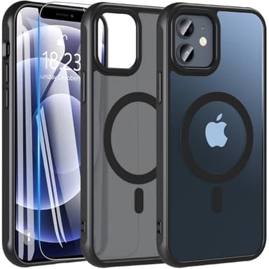 Kuaguozhe Coque pour iPhone 12/iPhone 12 Pro avec Verre Trempé, Magnétique Coque Compatible avec MagSafe, Antichoc Protection Etui Translucide Mat Arrière Housse pour iPhone 12/iPhone 12 Pro (Noir)