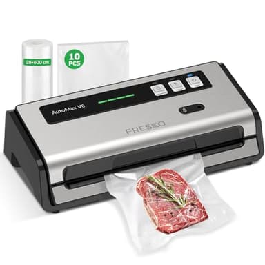 FRESKO Machine Sous Vide Alimentaire Automatique, Bandes chauffantes élargies, Coupe-sac Intégré et Rangement des Sacs, Mode Humide et Sec, Utilisation à une Main (Automax V6)