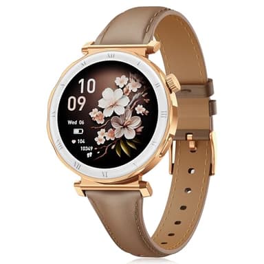 BOALZETD Montre Connectée Femme - Élégant Petit Poignet avec Écran AMOLED 1,19" Bracelet en Cuir Fin, Smartwatch avec Podometre, Cardiofrequencemetre/SpO2/Sommeil pour iOS/Android, Or Rose/Marron