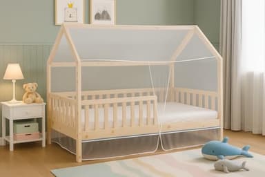 Moustiquaire Intégrale pour Lit Cabane 90x190 cm – Beige Clair – Ouverture Façade – Montage Ultra Simple - Attention Uniquement Compatible avec Cette Forme de Toit.