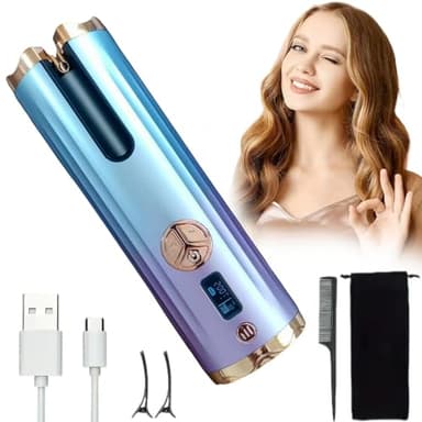 EMEBAY Fer A Boucler Automatique Mise à Jour, Boucleur à Cheveux Sans Fil Rechargeable, Bigoudi Anti-Brûlures avec Minuteur et 6 Température, Fer à Friser Auto Rotatif Dégradé de Couleur