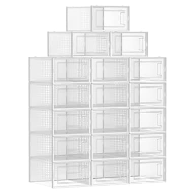 SONGMICS Boîtes à Chaussures, Lot de 18, Rangement Chaussures, Pliable, pour Pointure jusqu’à 44, Transparent et Blanc LSP18SWT