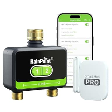 RAINPOINT Programmateur Arrosage WiFi 2 Sorties, entrée et Sortie en Laiton, minuterie d'arrosage Automatique de Jardin avec Application/Commande vocale, Programmateur d'arrosage pour Serre de Jardin