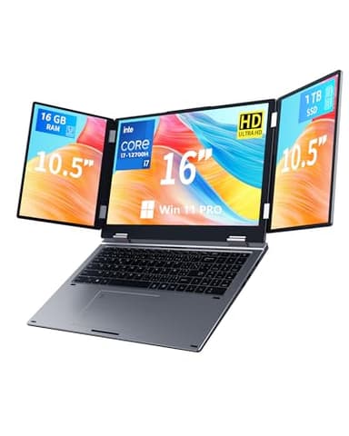 Ordinateur portable à triple écran, 16" principal + deux moniteurs 10,5", Core i7-12700H, 16 Go de RAM, 1 To SSD, Win 11 Pro, Wi-Fi 5, BT 5.0, déverrouillage d'empreintes digitales (16GB+1TB)