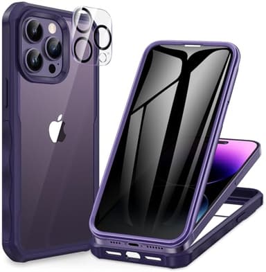 CENHUFO Anti Espion Coque iPhone 14 Pro Max, avec Protection écran Verre Trempé Anti Espion et Protecteur Caméra, 360° Antichoc Téléphone Housse Double Face Case Intégrale Etui - Violet Intense