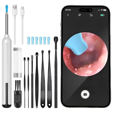 Appareil Nettoyer Oreilles Caméra HD 1080P Otoscope pour WiFi Android iOS, IP67 Étanche Otoscope, Nettoyant Oreille Rechargeable Type-C LED 360° Grand Angle, Kit Nettoyage Blanc