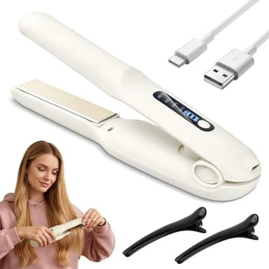 Focenat Fer à Lisser Sans Fil 2 en 1 Lisseur Boucleur Cheveux, 4 Températures Réglables 140–200°C, avec Écran LED, Mini Lisseur de Voyage USB Rechargeable 4000 mAh, pour Tous Types de Cheveux (Blanc)