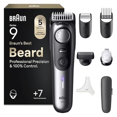 Braun Tondeuse À Barbe Series 9, + 7 Outils De Barbier, Mode PowerBoost, Lame ProBlade, 180 Min D'autonomie, Dégradé, 50 Longueurs, Molette De Précision Et Verrouillage, Étanche, BT9520, Chrome