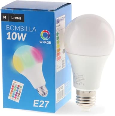 M Ledme - Ampoule LED avec Télécommande 10W (Eq. 70 W) culot E27 A60, 700 Lumens, RGBW, Dimmable en intensité, Lumière Blanche et Colorée, LM7143, Rgb+6000k