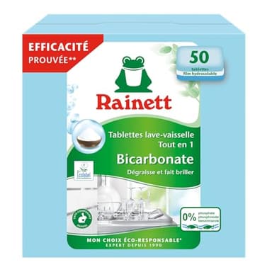 RAINETT - Pastilles Lave-Vaisselle Tout-en-Un au Bicarbonate - Résultat Brillant, Sans Traces - Etui Carton Recyclé & Recyclable - Ecolabel - 50 Tablettes