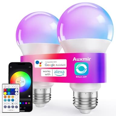 Auxmir Ampoule Connectée WiFi, Ampoule LED Intelligente E27 Multicolore 2700K-6500K 10W 800LM, Compatible Alexa/Google Hmoe, 16 Millions Couleurs Dimmable, Commande Vocale, Economie d’énergie-2pack