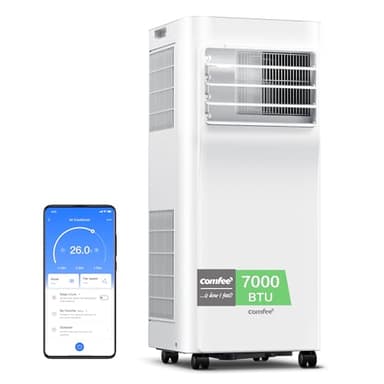 COMFEE' Climatiseur Mobile 7000 BTU/h 2kW, Contrôle APP, 3 Modes, 3 Vitesses de ventilation, Minuterie 24H, Dimensions compactes, Pour pièces de 23㎡, Breezy Cool 2.0, Fonctionne avec Alexa