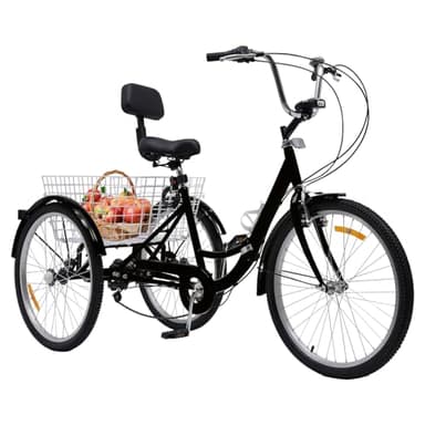 MccoMMon Vélo à trois roues de 24 pouces pour adultes, tricycle pliable à 7 vitesses, hauteur réglable, avec dossier et panier de courses, convient aux personnes d'âge moyen et aux personnes âgées