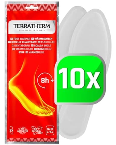 TerraTherm Semelles chauffantes - activé par l'air – Chaleur jusqu'à 8 Heures - 5, 10 ou 30 Paires - Chauffe Pied - Chaleur 100% Naturelle, 10 Paires L