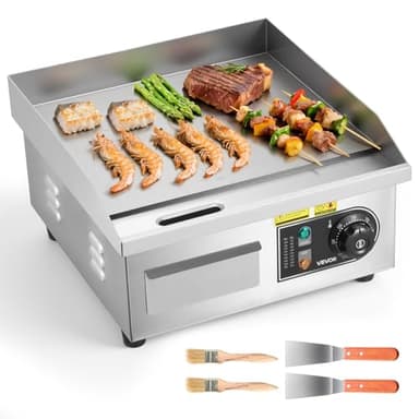 VEVOR Plancha Électrique 35,5x30 cm, Plaque à Snacker Électrique 2000 W, pour Barbecue Restaurant Snack-bar, Plaque de Cuisson Lisse Température Réglable 50-300 °C, avec 2 Spatules et 2 Brosses