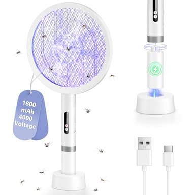 BKXCHA 2 in1 Raquette Electrique Insectes, 4000V Puissant Raquette Moustique Electrique, 1800mAh USB Rechargeable Tapette à Mouche avec 3 Couches Protection en Maille pour Intérieur Extérieur