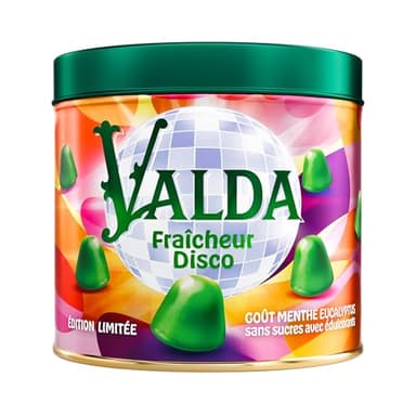 VALDA Édition Limitée Fraîcheur Disco - Gommes Goût Menthe Eucalyptus - Adoucit La Gorge Grâce Au Lévomenthol - Pour Gorges Sèches & Irritées - Sans Sucres avec Édulcorants - 160 G