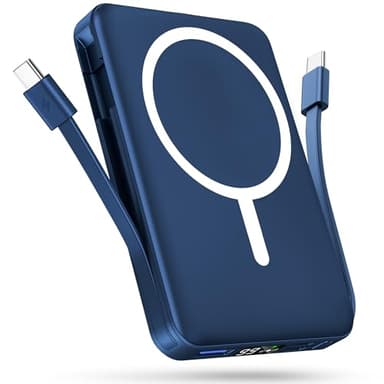 Podoru Batterie Externe Magnetique, Batterie Externe iPhone de 10000 mAh avec Double Câble de Données USB-C Et Affichage LED, Power Bank pour iPhone 17/16/15/14/13/12/ Toutes Les séries - Bleu