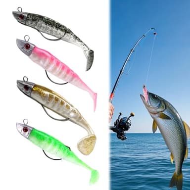 HABNI 4 Pcs Leurres De Pêche Souples Leurre Souple Mer Leurre Peche Carnassier Pour Bar Truite Marigane Leurre Peche Avec T-Tail Équipement De Pêche Pré-Jigged Pêche Cadeaux Hommes