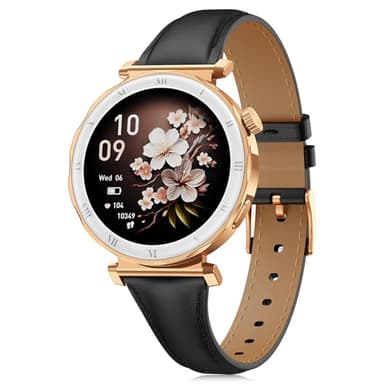 BOALZETD Montre Connectée Femme - Élégant Petit Poignet avec Écran AMOLED 1,19" Bracelet en Cuir Fin, Smartwatch avec Podometre, Cardiofrequencemetre/SpO2/Sommeil pour iOS/Android, Or Rose/Noir