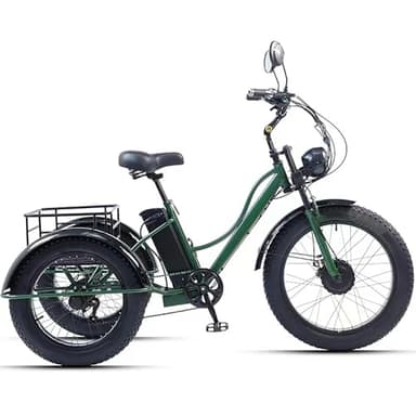 GCLCPAEN Tricycle Électrique pour Adultes,Pneus Larges De 24 Pouces,Tricycle Tout-Terrain pour Adultes,avec Grand Panier,Écran LCD,Phares,Capacité De Charge De 200Kg,Conduite sans Effort,Vert Foncé