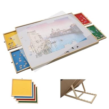 FLINQ Table de Puzzle Inclinable avec Plateaux de Rangement – Plateau à Puzzle en Bois pour 1500 Pièces – Support avec 4 Tiroirs – Planche Pliable 89x68 cm