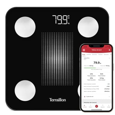 TERRAILLON - Balance Pese personne, Balance connectée Bluetooth avec application, Analyse IMC, masse graisseuse, musculaire, hydrique, Pese personnes précision 50 gr, jusqu'à 180Kg, WEIGHT CONNECT