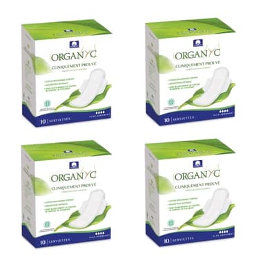 Organyc, Serviettes Hygieniques Nuit Avec Ailettes 100% Coton Bio Certifie - 4 Packs De 10 Serviettes (Total: 40 Unites)