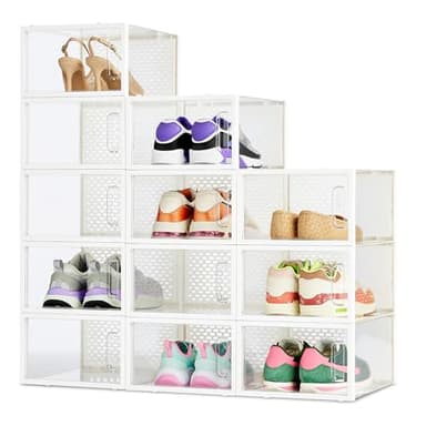 Amazon Basics - Lot de 12 boîtes de rangement empilables et pliables pour chaussures, taille M, Transparent