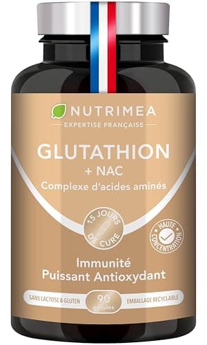 GLUTATHION - Réduit à 98% - Formule avec Précurseurs dont NAC + Vitamine C - Renforce l'Immunité, Antioxydant - Anti-âge, Peau Illuminée - 90 Gélules Vegan - Nutrimea - Fabriqué en France