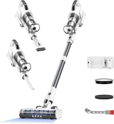 Aspirateur Balai sans Fil, 580W 48KPA, Charge Rapide 2H, Autonomie de 65 Minutes, Aspirateur sans Fil Autoportant avec Écran Tactile LED et Éclairage, Léger, pour Poils d'animaux/Moquette/Sol, Argent