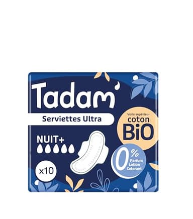 TADAM’ - Serviettes Hygiéniques Dermo-Sensitives - Protections Hygiéniques Femme Ultra Fines avec Ailettes - Flux Normal - Extra Absorbantes - A base de Coton Bio - Confort Nocturne