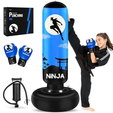 Esnowlee Punching Ball avec Gants de Boxe et Pompe, Sac de Boxe Enfant 168 cm - Idéal pour Karaté, Taekwondo, Cadeau Parfait pour Garçons & Filles de 5 à 12 Ans (Bleu)