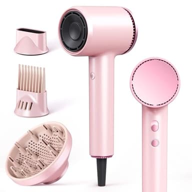Seche cheveux ionique pour femme, seche cheveux 1600W 110000 RPM, seche cheveux diffuseur boucle, 2 vitesses 4 températures, seche cheveux de voyage, rose
