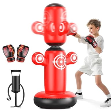 QPAU Rotatif à 360° Punching Ball pour Enfants, 162,6 cm Gonflable Sac de Frappe pour Enfant 6-14, Sac de Boxe Set pour Pratique du Karaté, Taekwondo (Rouge)