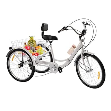 Donened Tricycle pliable de 24 ", 7 vitesses, 3 roues, avec panier dossier et porte-gobelet d'eau, 3 roues, pour adultes et personnes âgées, blanc