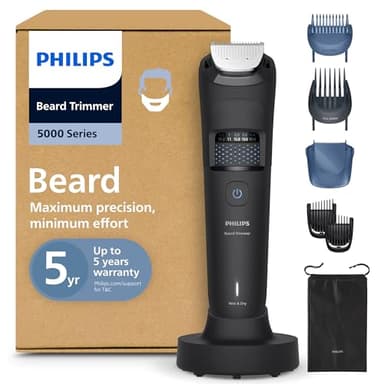 Philips Tondeuse à barbe série 5000 - Lames en métal auto-affûtées, 40 hauteurs de coupe réglables, Technologie BeardSense, Système collecte des poils, 100% étanche, Pochette, Modèle BT5785/30