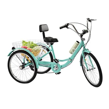 GMSLuu Tricycle 24 pouces 7 vitesses pour adultes - Vélo pliable 3 roues tricycle avec porte-gobelet phare panier - Convient pour les sports de plein air, le shopping au supermarché (vert citron)
