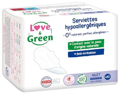 Love & Green Serviettes hygiéniques, écologiques et hypoallergéniques - certifiées Ecolabel et Dermatest - "NUIT" x 10 : Sans colorant, parfum, allergènes