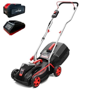 LEHMANN Tondeuse à Gazon sans Fil 40V, Largeur de Coupe 32 cm, 30 L Bac, Hauteur de Coupe Réglable 20-60 mm, Moteur à Induction, jusqu'à 250 m², avec Batterie 4,0 Ah + Chargeur, Noir/Rouge