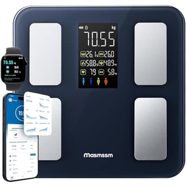 Masmssm Balance Connectée Pèse-Personne, Balance Connectée Impédancemètre 8-en-1 Grand VA Écran, 22 Indicateurs dont Fréquence Cardiaque, IMC, Graisse Corporelle Pour iOS & Android, Max. 180kg
