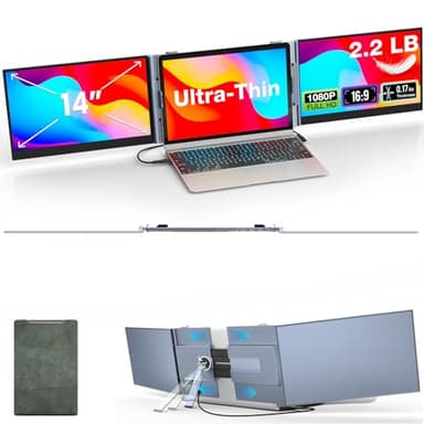 Kwumsy Écran Portable 14 Pouces - Triple Écran Pc Portable, Extension D'Écran pour Ordinateur Portable, 0,17" Ultra-Fin et Ultra-Léger, Moniteur Portable Plug & Play, Compatible PC Portable 13–17"