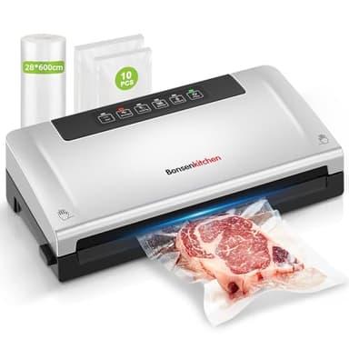 Bonsenkitchen Machine Sous Vide Alimentaire, 5 Modes Avec Cutter et Rangement des Sacs en Rouleau, pour un Travail en Continu à Grande Vitesse, Contient 10 Sacs Sous Vide et 1 Sac en Rouleau, VS3000