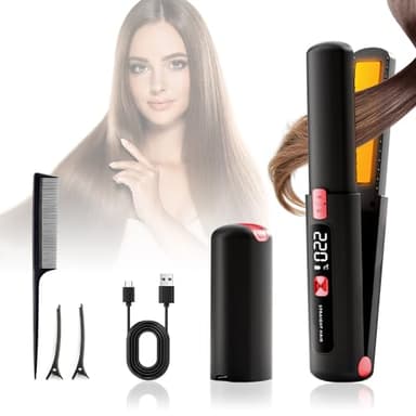 Anluomafuy Fer à Cheveux Sans Fil 2 en 1 Mini Fer à Cheveux Portable Rechargeable USB Chauffage Rapide, 6 Température Réglable, Plaque de Voyage Cheveux