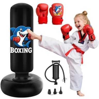 Qoosea Sac de Boxe pour Enfants 3 à 8 Ans, 130cm Gonflable Sac de Frappe sur Pied, Sac de Boxe Set de Formation avec Gants, Cadeau Parfait pour Garçons et Filles pour Karaté, Taekwondo