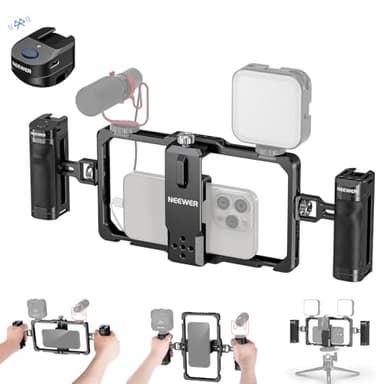NEEWER PA009E Cage de téléphone universelle avec déclencheur Bluetooth Poignée latérale Poignées confortables Stabilisateur de téléphone portable pour vidéo Cage de téléphone compatible avec iPhone 15